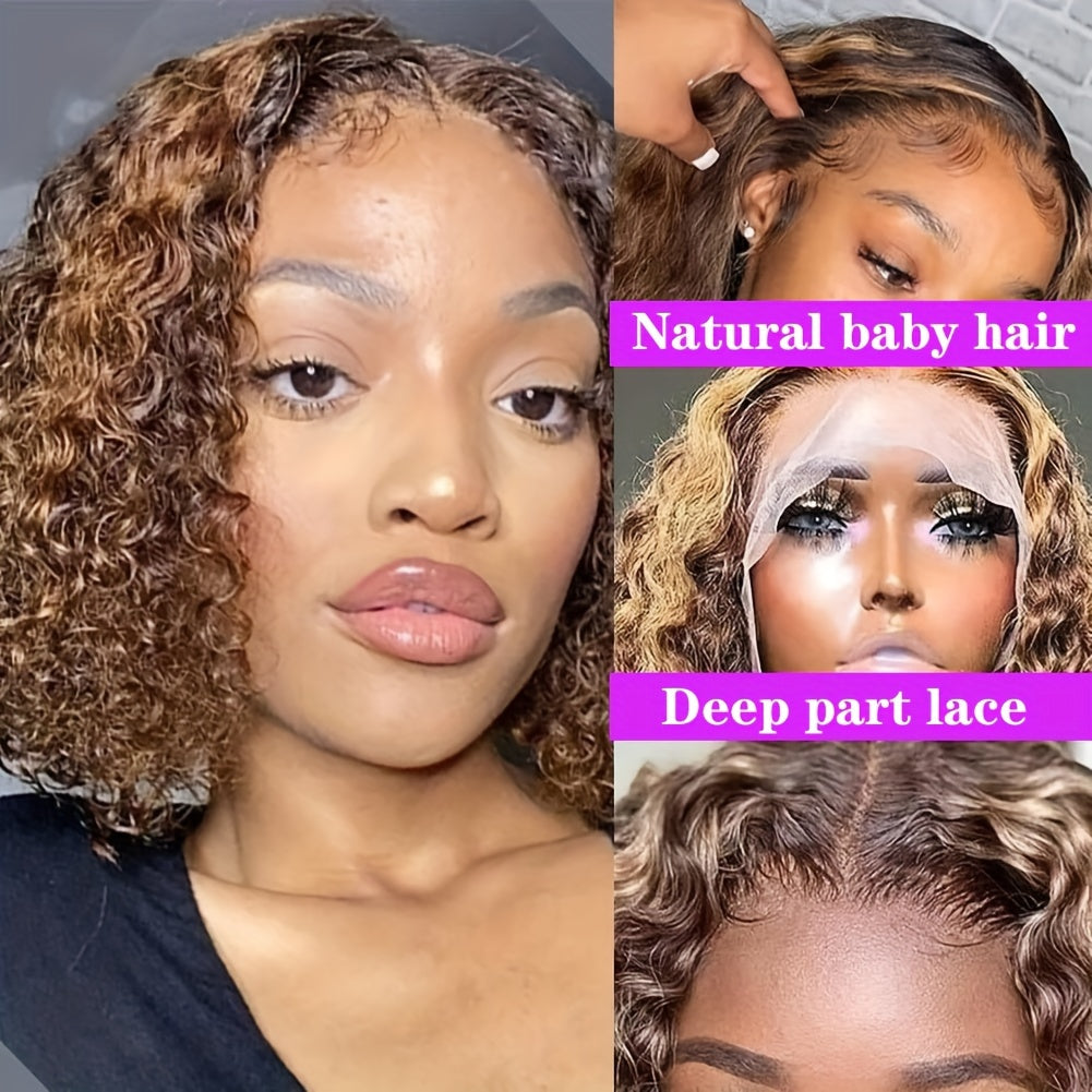 Curly Bob Wigs 13X4 Lace Front Wig Brazilian Remy Human Hair Wigs Blonde Brown Deep Wave Short Wig For Women 13x4 Lace Highlight Color 4/27 10-16inch 150%