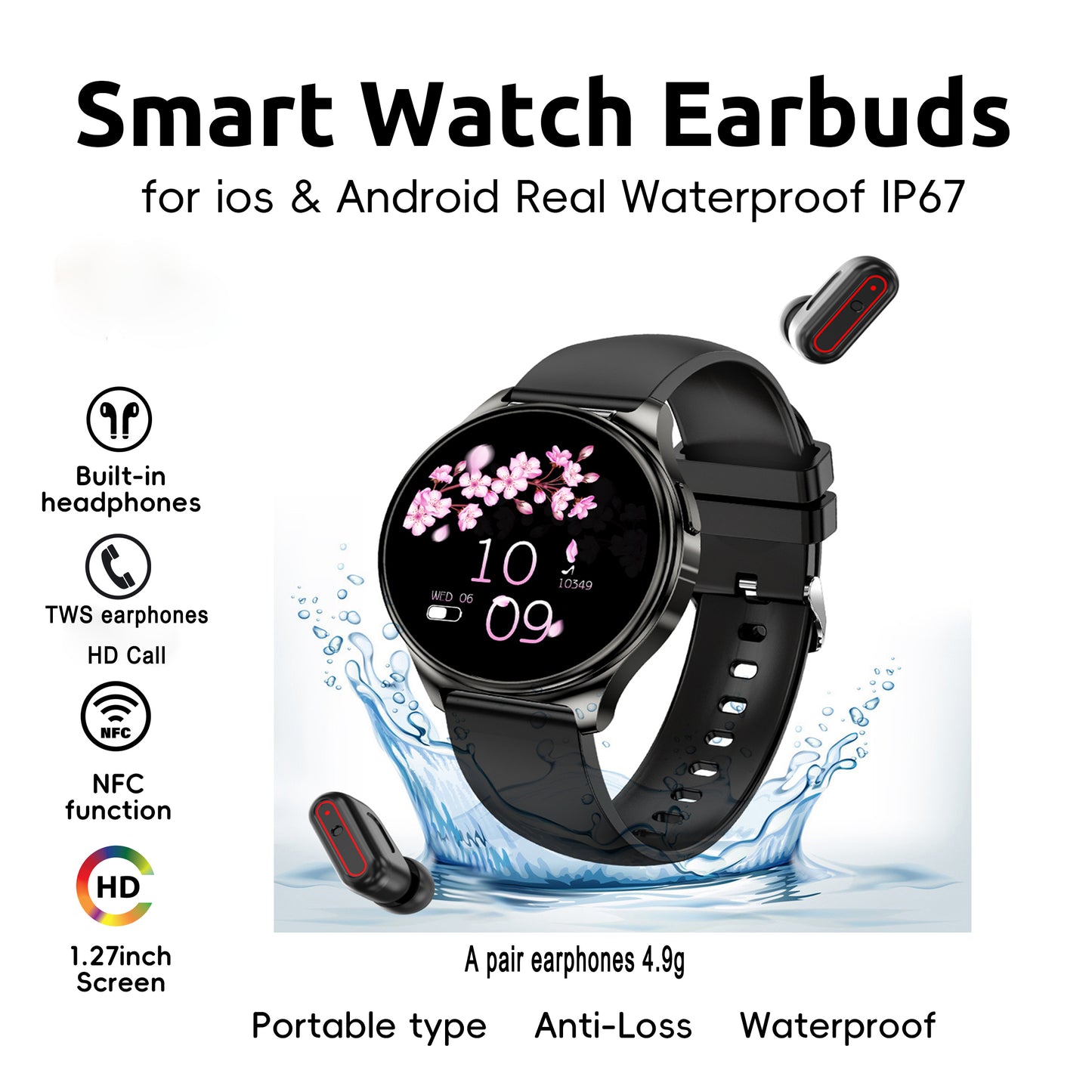 Fashion 2-in-1 Smartwatch Sports watch with headphones Elegant Women's Men's Waterproof Watch with earbuds Simple Yet Sophisticated Dial for Business & Social Events