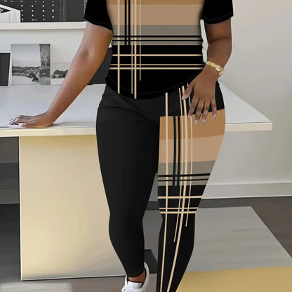 Smart Casual Crewneck Two-piece Set Plus Size Women'S Two-piece Set Short Sleeve Color-block Top T-shirt With Long Pants Bottoms Set Chic Le'Meek