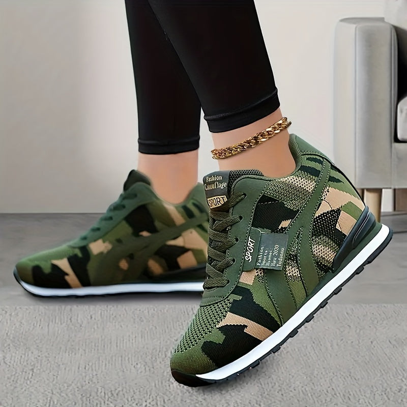 Womens Fashion Camouflage Sneakers - Platform Lace-Up Trainers with Soft Sole & Mesh Upper,  Ideal for Fitness & Style