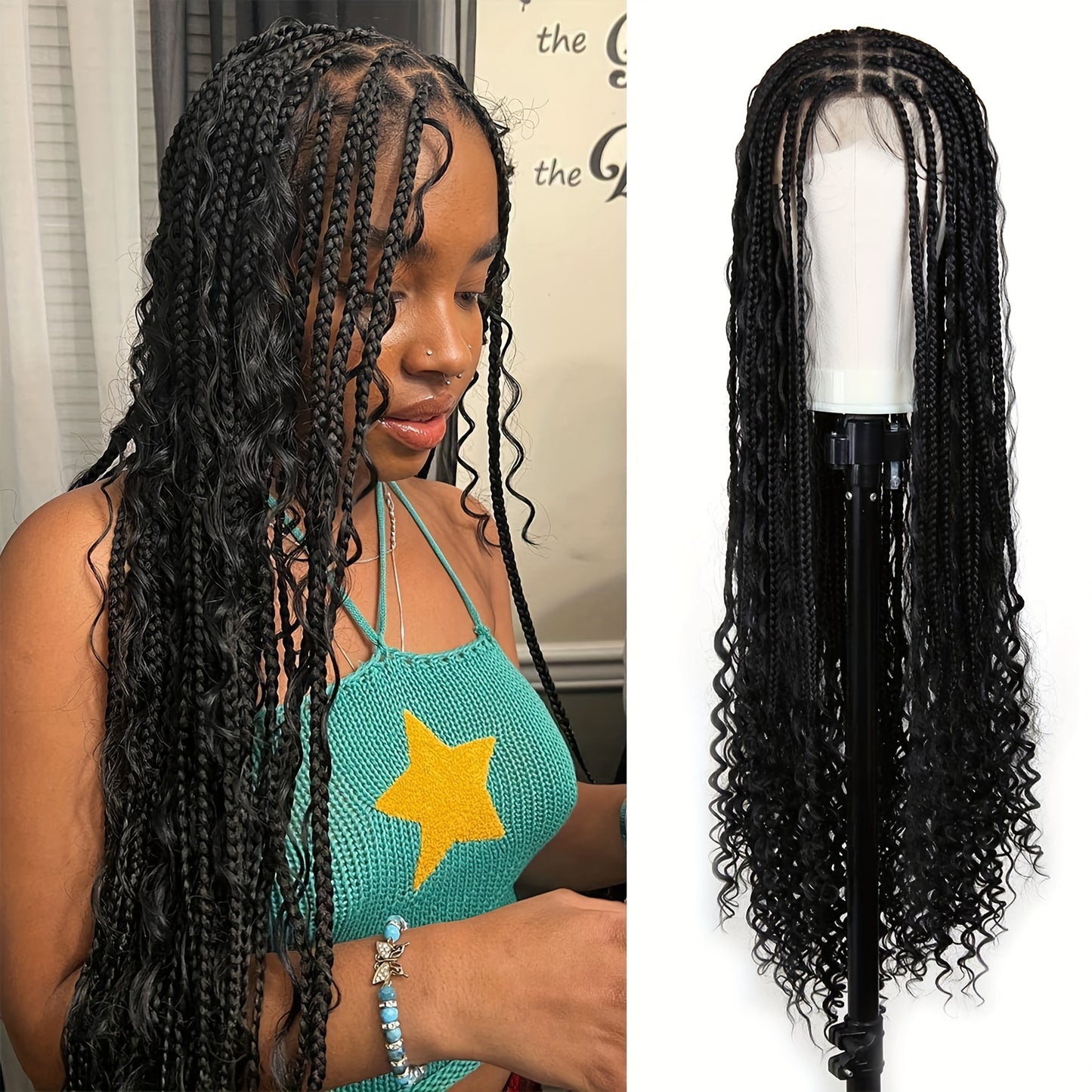 48 150% Density Full Lace Bohemian Braided Wig for African Women - Soft Boho Curls, Box Braids, Lace Front, Natural Looking, Breathable, Comfortable, Long-Lasting, Easy to Style - Basics Style