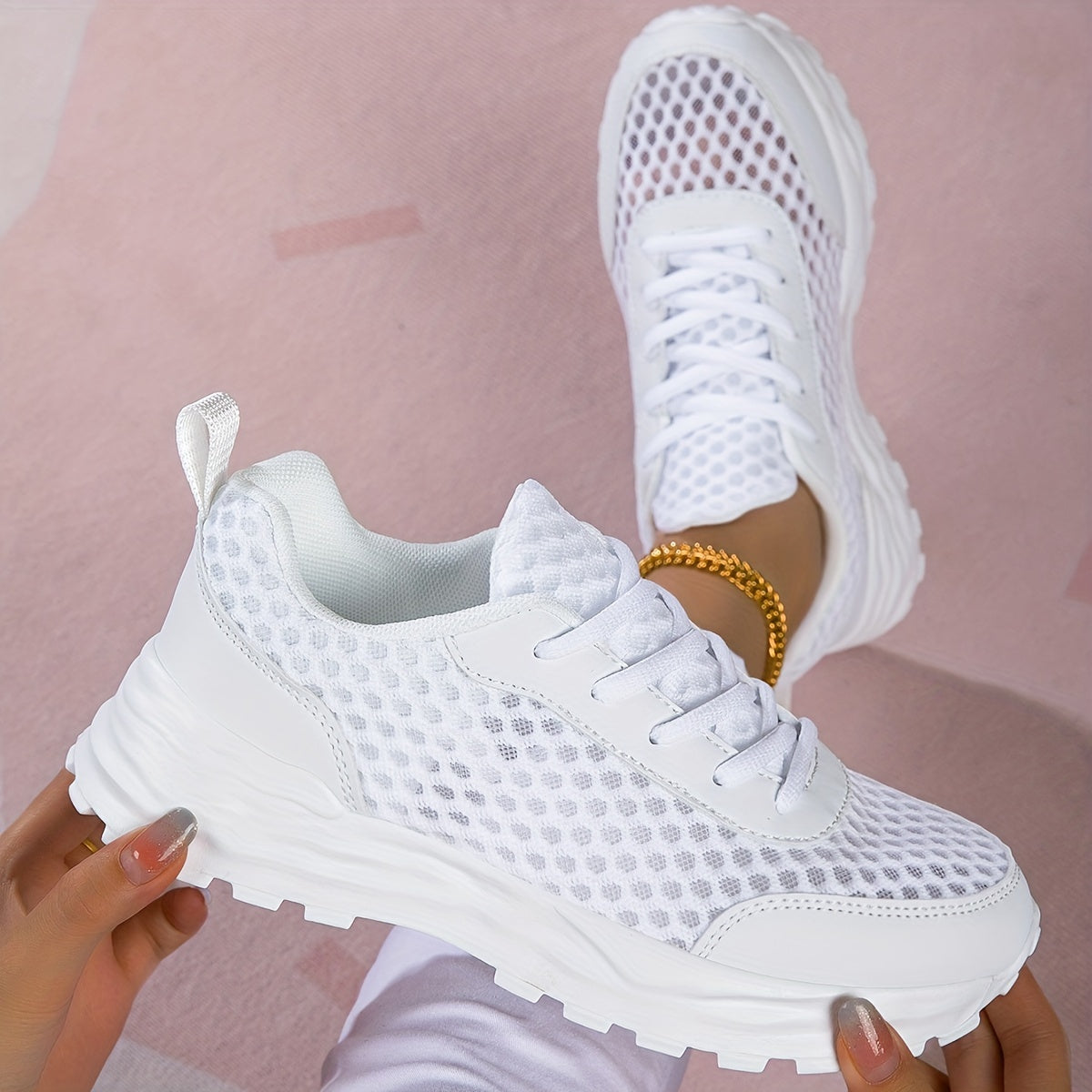 Women's Breathable Casual Sneakers, Low-Top Lace-Up Shoes With Mesh Upper, Soft Insole For Outdoor And Everyday Wear