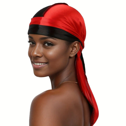 Silky Durag - Assorted Colors Satin Pirate Cap with Long Tail, Wide Straps, Elastic Breathable Head Wrap Chic Le'Meek