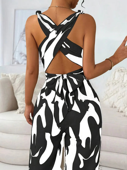 Women's Elegant Backless Jumpsuit with V-Neck & Cross Front Detail - Black & White Abstract Pattern Sleeveless Romper, Machine Washable Spring/Summer Party & Casual Outfit, Ladies Jumpsuit Chic Le'Meek