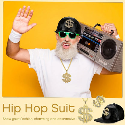 5Pcs Hip Hop Costume Kit 80s 90s Rapper Accessories Set Gold Rapper Hat Baseball Cap Punk Sunglasses Gold Dollar Sign Pendant Necklace