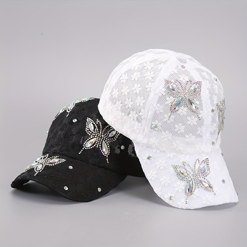 Adjustable Rhinestone Embellished Baseball Cap - Breathable, Knitted, Toggle Closure, Elegant Design for Women