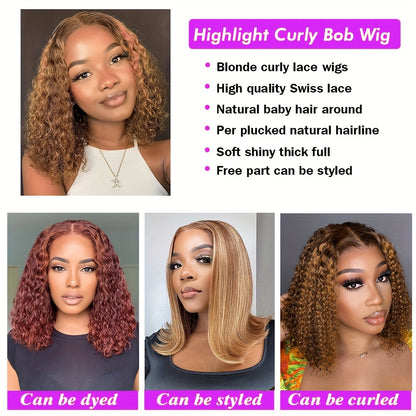 Curly Bob Wigs 13X4 Lace Front Wig Brazilian Remy Human Hair Wigs Blonde Brown Deep Wave Short Wig For Women 13x4 Lace Highlight Color 4/27 10-16inch 150%