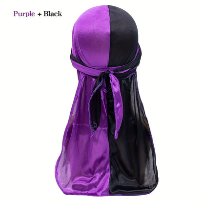 Silky Durag - Assorted Colors Satin Pirate Cap with Long Tail, Wide Straps, Elastic Breathable Head Wrap Chic Le'Meek