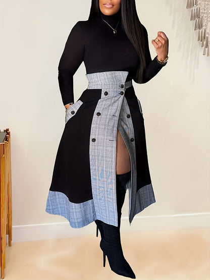 Mock-Neck Tee And Plaid Combo Skirt Set