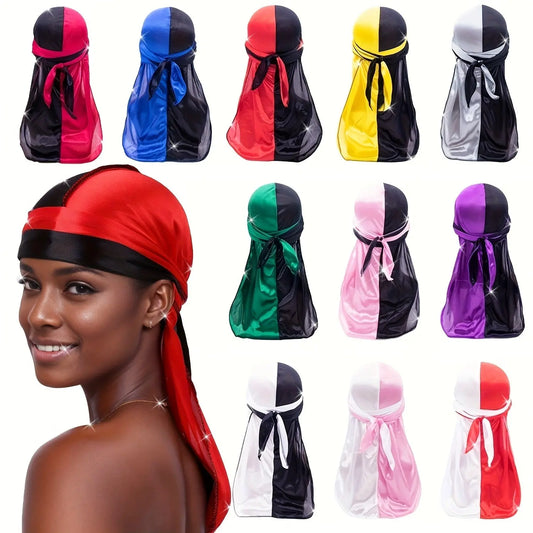 Silky Durag - Assorted Colors Satin Pirate Cap with Long Tail, Wide Straps, Elastic Breathable Head Wrap Chic Le'Meek