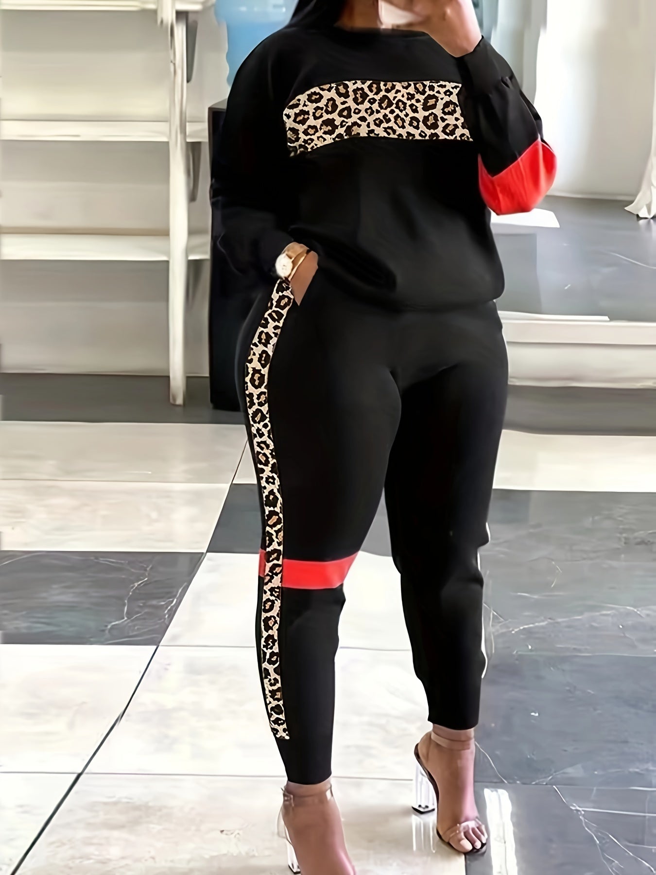 Plus Size Leopard Print Two-Piece Set - Comfortable Crew Neck Long Sleeve Top and Pants Outfit with High Stretch Polyester Fabric, Random Printing, and Knit Construction - Perfect for Black Fashion Lovers