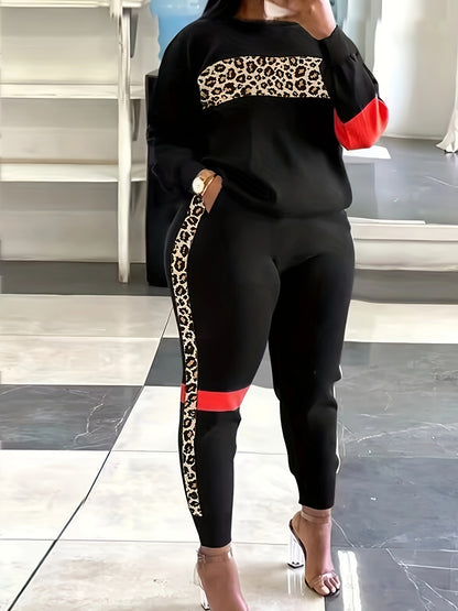 Plus Size Leopard Print Two-Piece Set - Comfortable Crew Neck Long Sleeve Top and Pants Outfit with High Stretch Polyester Fabric, Random Printing, and Knit Construction - Perfect for Black Fashion Lovers