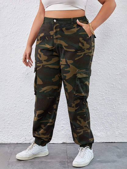 Plus Size Fashion Denim Cargo Pants - High Waist Camo Button Up with Stylish Pockets - Comfortable Casual Wear for Women