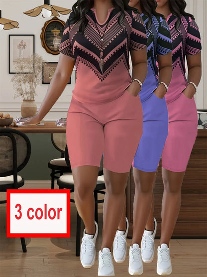 Womens Plus Size Bohemian Two Pieces Set Casual Elegant Shorts Set, V Neck Short Sleeve Top & Shorts Outfits For Spring, Fall & Summer, Comfortable Polyester For Casual Attire, Versatile Clothing, Women'S Plus Size Clothing Chic Le'Meek