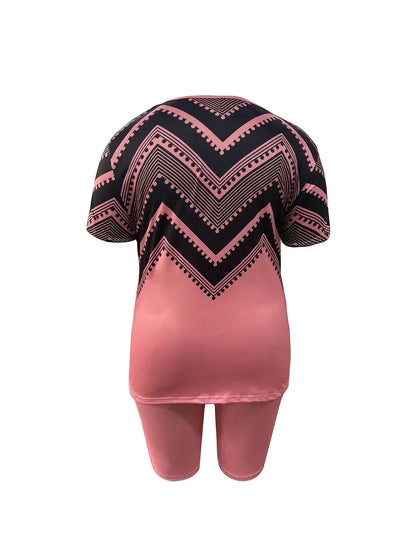 Womens Plus Size Bohemian Two Pieces Set Casual Elegant Shorts Set, V Neck Short Sleeve Top & Shorts Outfits For Spring, Fall & Summer, Comfortable Polyester For Casual Attire, Versatile Clothing, Women'S Plus Size Clothing Chic Le'Meek