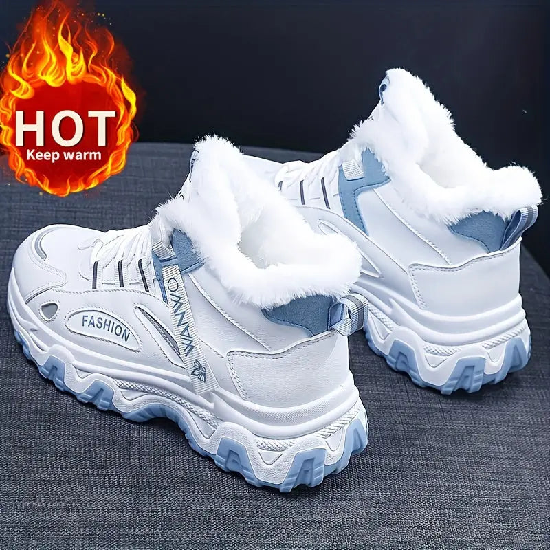 Women's Blue Fashion Winter Sneakers - Thick Sole, Plush Lining for Warmth, Non-Slip, Versatile Casual Sports Shoes with Round Toe and Lace-Up Closure, Ladies Sneakers Chic Le'Meek