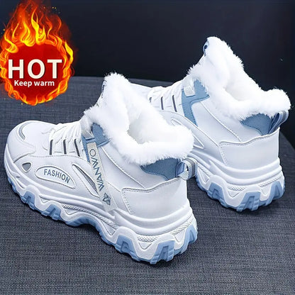 Women's Blue Fashion Winter Sneakers - Thick Sole, Plush Lining for Warmth, Non-Slip, Versatile Casual Sports Shoes with Round Toe and Lace-Up Closure, Ladies Sneakers Chic Le'Meek