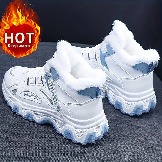 Women's Blue Fashion Winter Sneakers - Thick Sole, Plush Lining for Warmth, Non-Slip, Versatile Casual Sports Shoes with Round Toe and Lace-Up Closure, Ladies Sneakers Chic Le'Meek