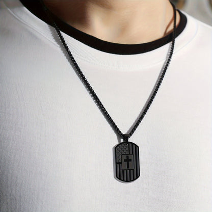 1pc Black Fashion Dog Tag Necklace, Bible Verse Pendant, Men Stainless Steel Cross Jewelry Gift