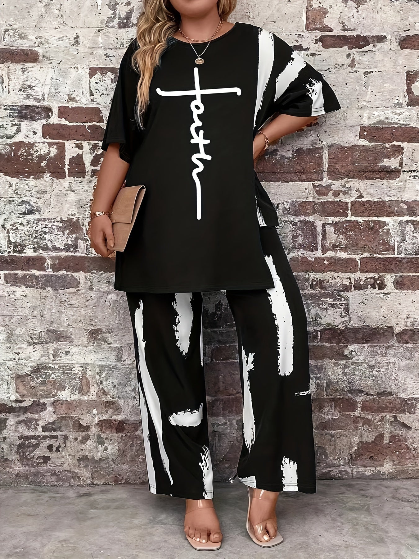 Plus Size Two-Piece Outfit - Crew Neck Short Sleeve Top & Wide Leg Pants Set with Alphabets Print - Medium Stretch Polyester, Customized Casual Wear for Women