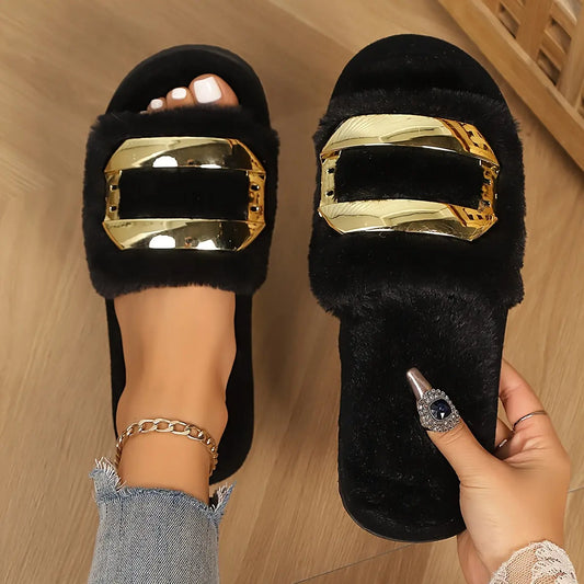 Women'S Black Satin Slippers with Golden Floral Applique - Soft Furry, Flat Sole, Indoor House Shoes for Bedroom & Vacation, All-Season Comfort, Wooden Floor Design, Bedroom Slippers | Elegant Home Footwear | Faux Cover Upper Chic Le'Meek