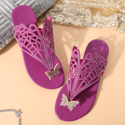 Stylish Womens Flat Heel Slide Sandals - Faux Leather Upper, Rhinestone Butterfly Decor, Slip-on Closure, Lightweight, Open Toe, Rubber Sole, Perfect for Summer Fashion