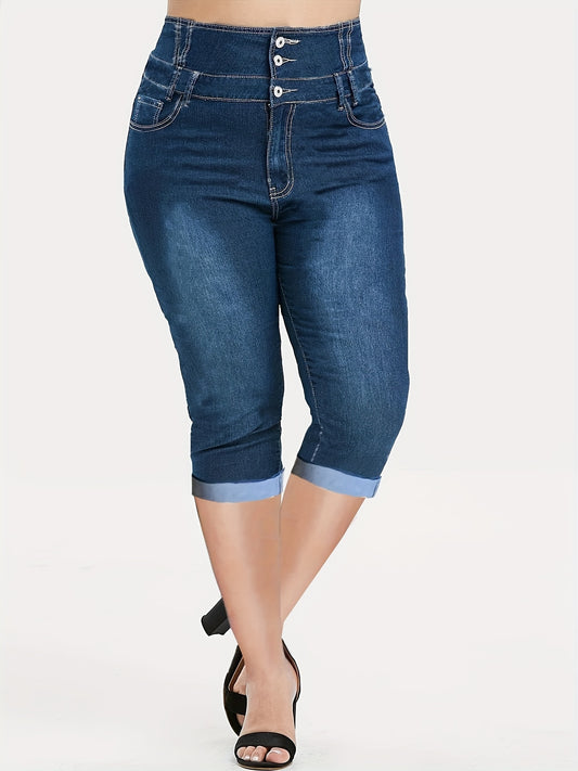 Plus Size Single-breasted Whiskering Washed Blue Plain Capri Denim Pants, Women's Denim Jeans & Clothing