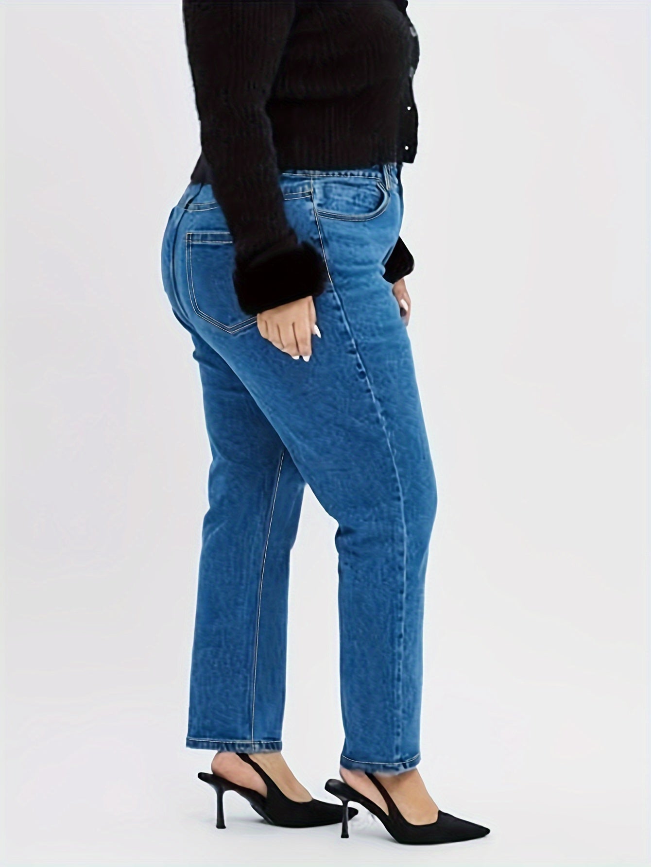 Plus Size Tapered Jeans For Women High Waist Strethcy Pants Full Length Denim Jeans Light Blue Mom Pants