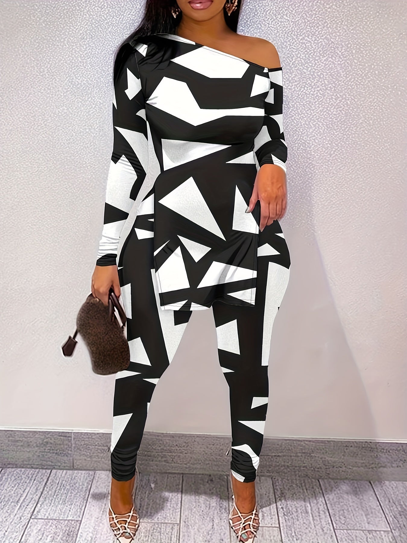 Geometric Print Split Hem Long Sleeve Top And Pants Set