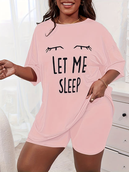 Plus Size Womens Comfort Lounge Set - Bold Eye & Slogan Print Tee with Shorts, Round Neck, Short Sleeve, Drop Shoulder - 2 Piece Casual Home Wear Set for a Stylish Relaxation