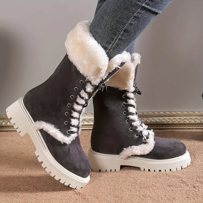 Women's Fashion Casual Lace-Up Mid-Calf Boots with Plush Lining, Round Toe Chunky Low Heel - Velvet Upper, Fabric Lining, TPR Sole Chic Le'Meek