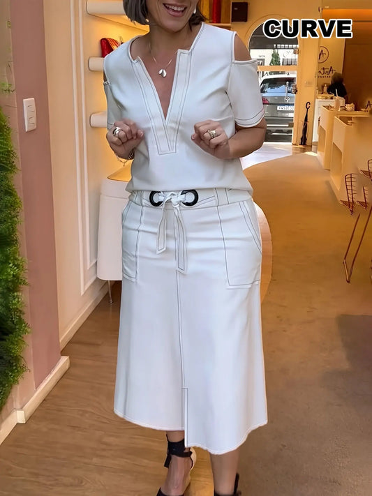 [Cold Shoulder Outfits] 2pcs Cold Shoulder Women's Contrast Trim Short Sleeve Plunge Neck Top & Bodycon Tie Waist Sheath Skirt Set, Cold Shoulder Outfits For Women Chic Le'Meek