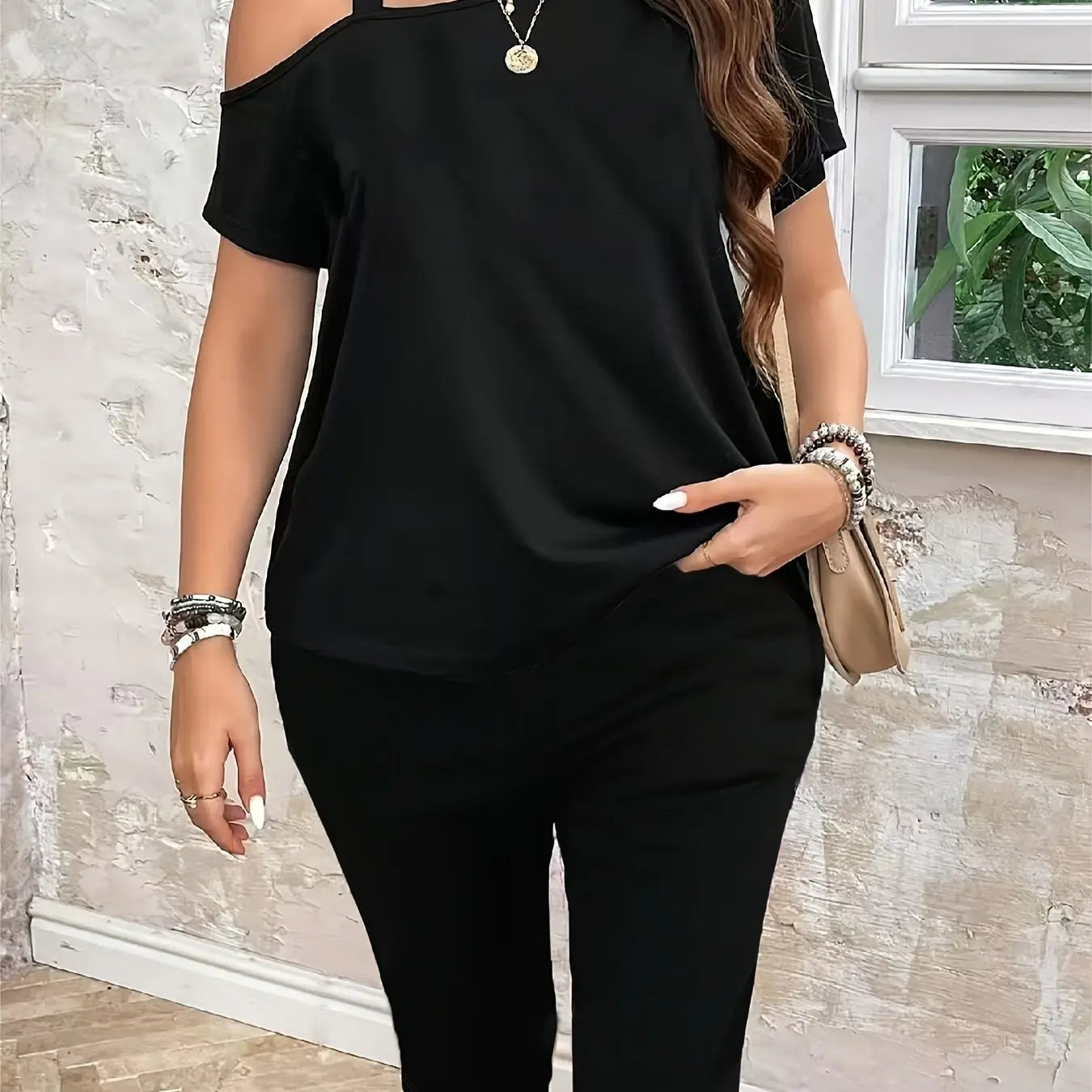 Women's Off-Shoulder Short Sleeve T-Shirt and Capri Pants Set - Casual Spring/Summer Outfit, Stylish Two-Piece Look, Polyester Blend, Asymmetrical Neckline, Perfect for Casual Attire, Casual Attire|Asymmetrical Neckline Top|P Chic Le'Meek