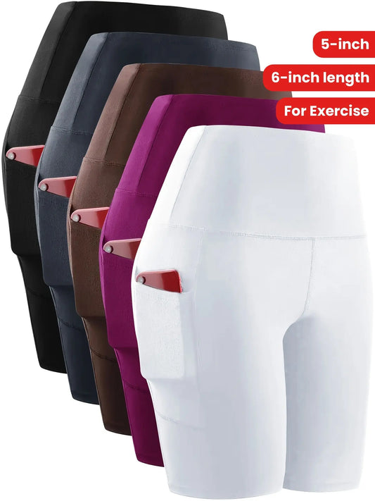 5pcs Set Of 5-inch High Waisted Knight Shorts, Women's Pockets, Ultra Soft Abdomen Control, No Perspective Exercise, Running, Yoga Exercise Shorts, 6-inch Length Chic Le'Meek