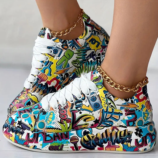 Casual Chic Women's Vibrant Graffiti Print Sneakers - Low Top, Round Toe, Rubber Sole, Faux Cover Interior, All-Season Casual Lace-Up Shoes AliExpress