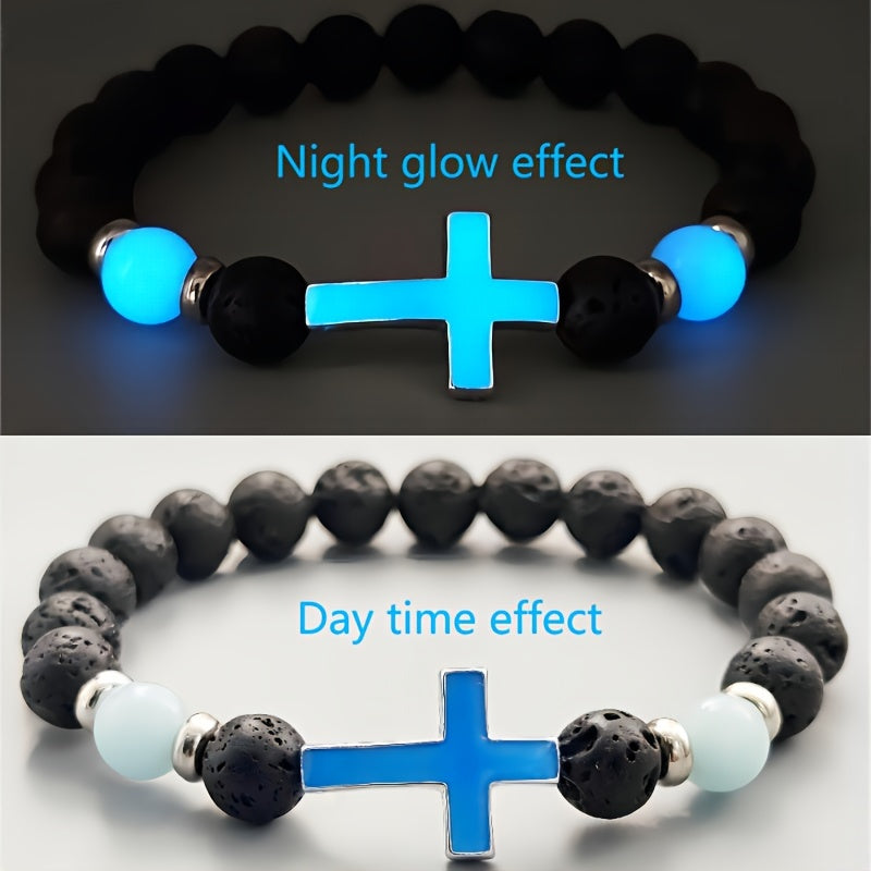 1pc Volcano Stone Night Glow Retro Bracelet, Multi Color Glowing Cross Bead Jewelry For Men, Father's Day Gift