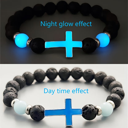 1pc Volcano Stone Night Glow Retro Bracelet, Multi Color Glowing Cross Bead Jewelry For Men, Father's Day Gift