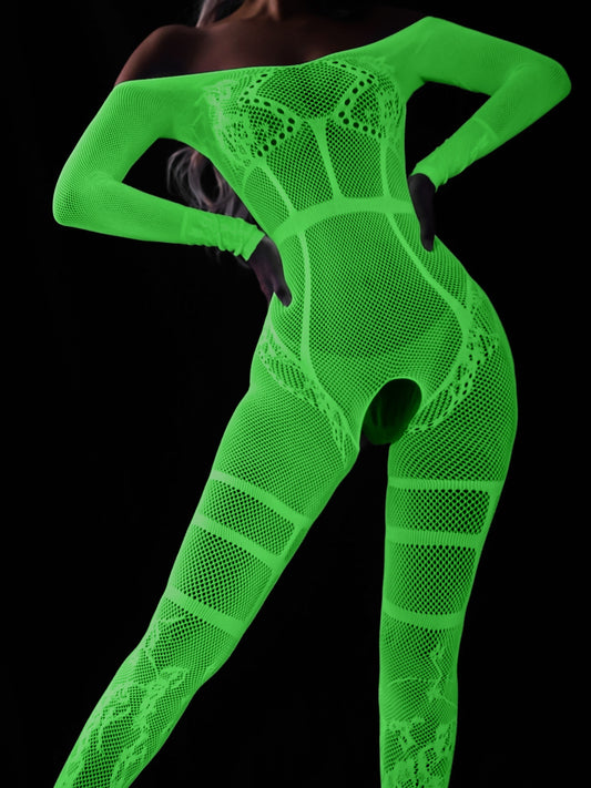 Crotchless, Luminous Fishnet Pattern, Polyester Knit Fabric Full Body Stocking for Adult