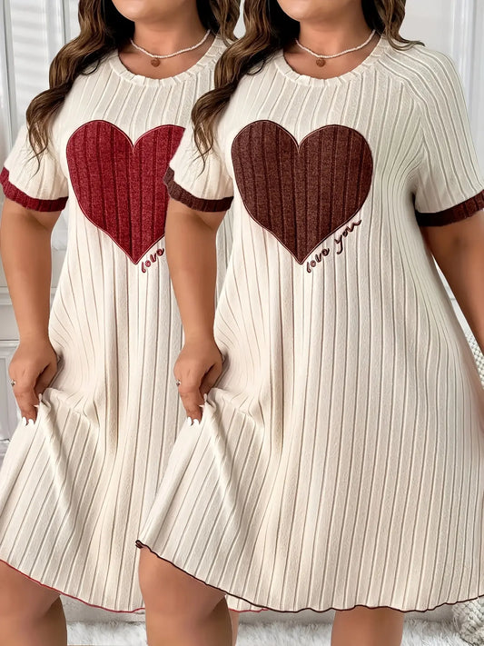 Plus Size Short-Sleeve Dress with Heart Embroidery Two-Piece Set Temu