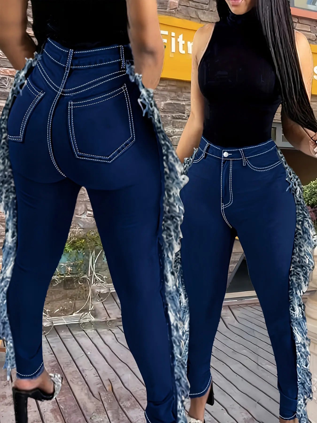 [Comfortable Oversized Jeans] High Waisted Comfortable Oversized Jeans | Deep Blue Fringed Diagonal Pockets, Distressed Fringed, Y2K Fringed Leggings, Tight Pants, Elastic, Casual And Fashionable Chic Le'Meek