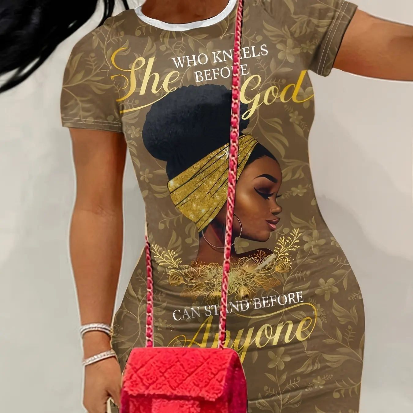 GOD Slogan Printing, Portrait Printing, Round Neck, Short-sleeved Plus Size Dress, The Fabric Is Comfortable And Stretchy Chic Le'Meek