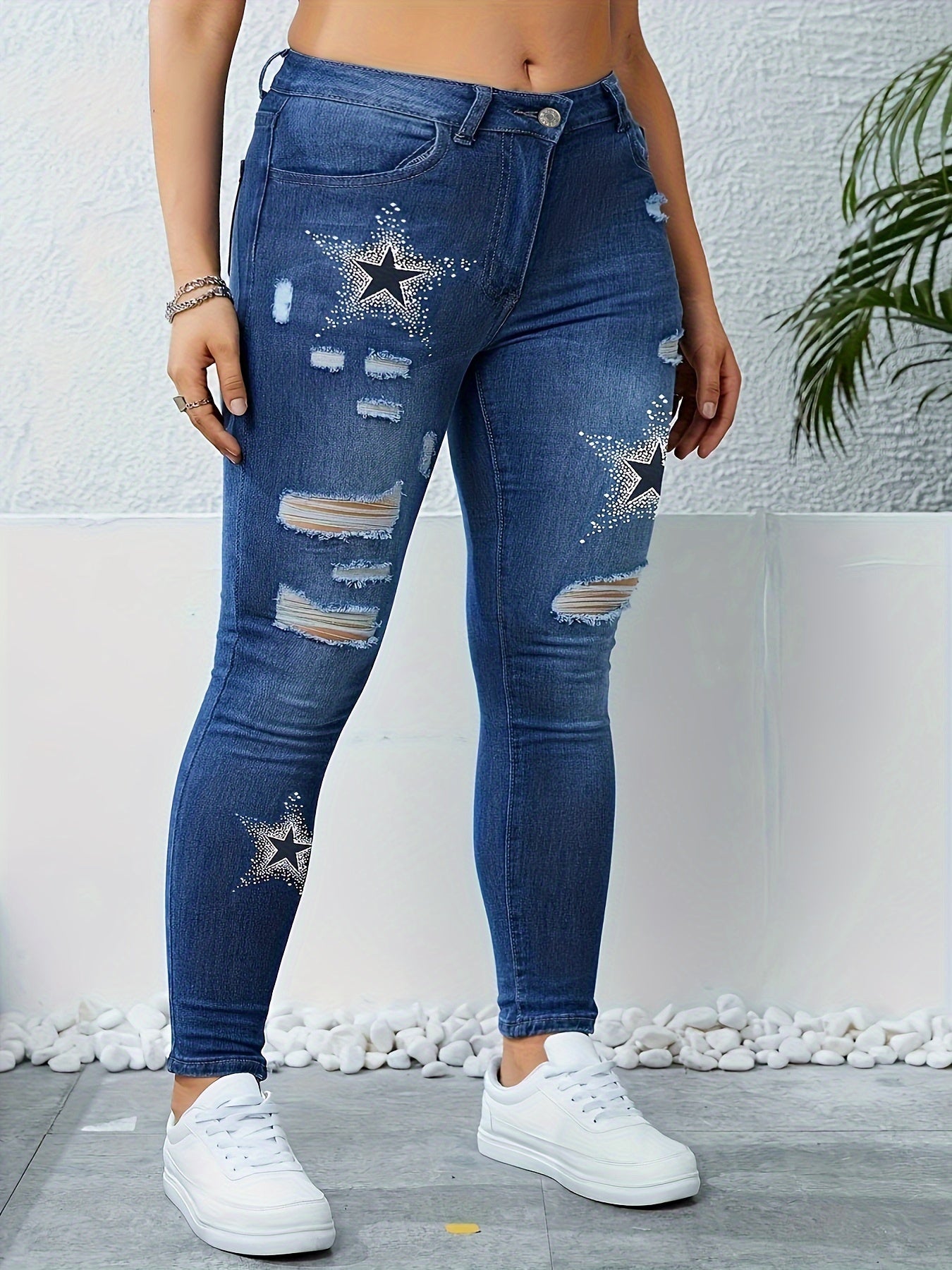 Plus Size Casual Jeans, Women's Plus Star Print Ripped Button Fly High Rise High Stretch Skinny Jeans