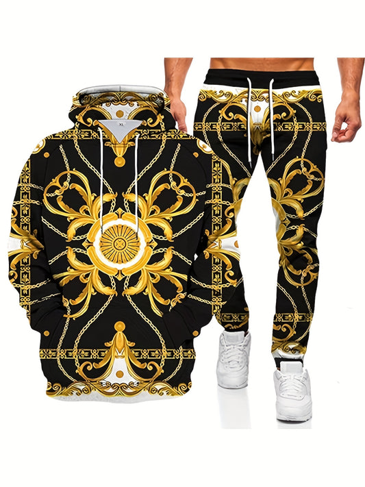 2PCS Plus Size Men's Tracksuit Co Ord Set - Traditional Pattern Full Print Long Sleeve Hooded Sweatshirt And Pants Set, Casual And Athletic Style