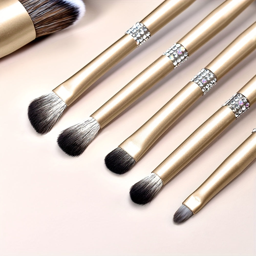 12-Piece Luxurious Crystal Makeup Brush Set - Soft, Cruelty-Free Bristles, Champagne Golden Handle, Portable Case - Ideal for Powder, Blush, Foundation, Eyeshadow, Highlighter, Concealer, and Makeup Artists of All Levels