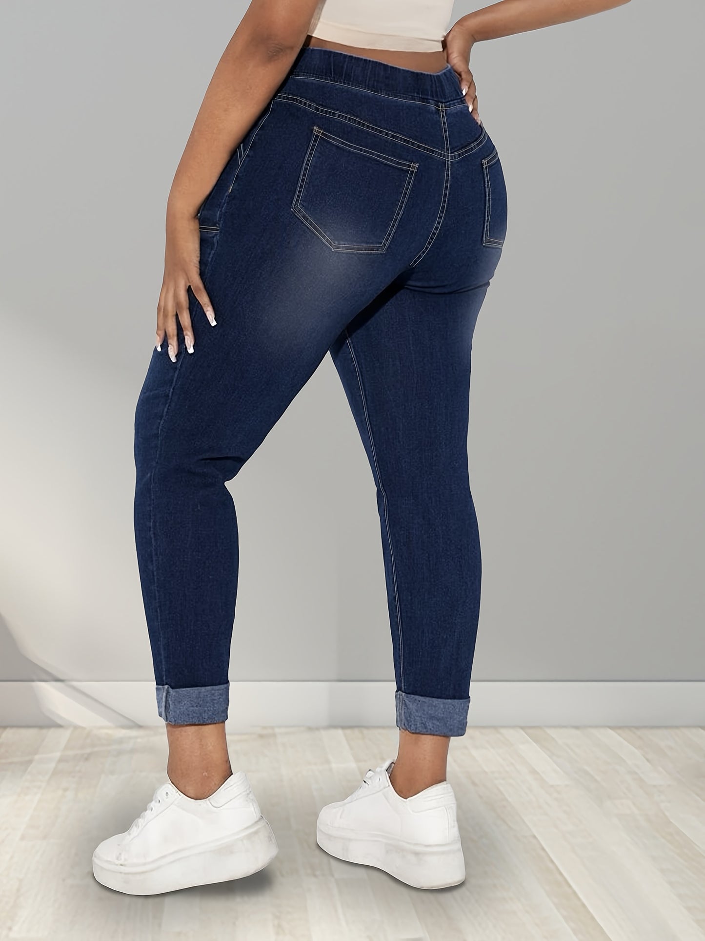 Plus Size Womens Fashionable Skinny Jeans - Comfort Drawstring Waist, Stretchy Denim, Trendy Slash Pockets, Roll Up Hem Casual Pants