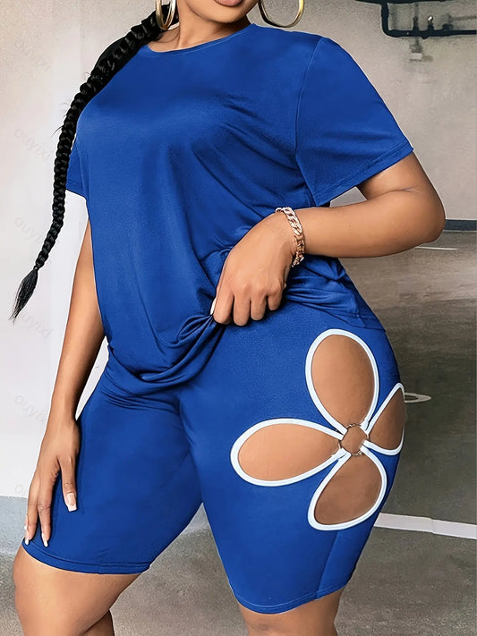 Plus Size Sports Floral Hollow Out Thin Suit Set, Crew Neck, Color Block Pattern, Medium Stretch Polyester 90% Elastane 10% Fabric, 180g/m², With T-Shirt And Short Pants Chic Le'Meek