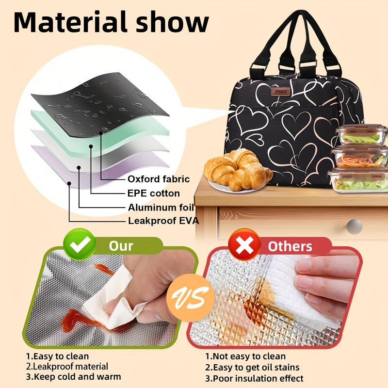 Insulated Lunch Bag for Women with Adjustable Shoulder Belt, Cute Heart Portable Lunch Box Cooler Bag, Perfect for Adult Girls Travel Picnic