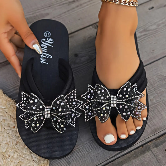 1 Pair Solid Color Fabric Women's Minimalist Flip Flops with Rhinestone Butterfly Accent, Comfortable Slip-On Platform Heel Slippers for All Seasons Chic Le'Meek