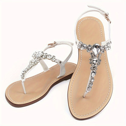 Women's Shimmering Rhinestone T-Strap Sandals - Boho Chic Flat Flip Flops for Wedding, Beach, and Oceanside