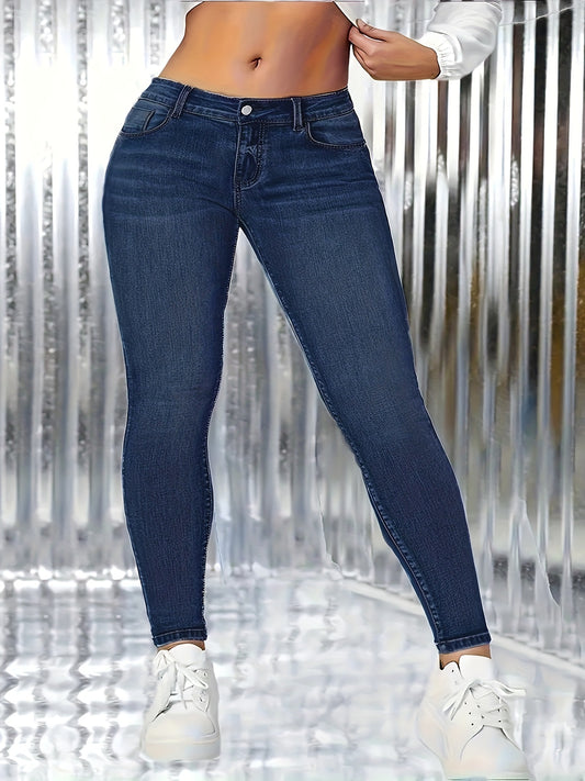 Plus Size Plain Skinny Fit Washed Blue Casual Style Zipper Button Closure Denim Pants, Women's Denim Jeans & Clothing